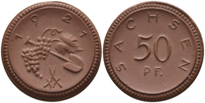 Саксония 50 пфеннигов 1921 виноград и лопата J. N 54 фарфор 1094-5-65