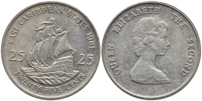 Восточно-Карибские штаты 25 центов 1981 Елизавета II (1952-2022), парусник KM 14 медно-никель 87-356