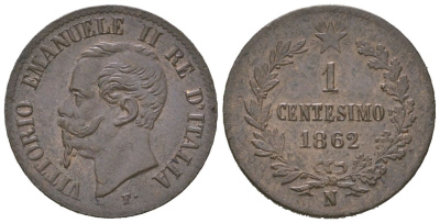 Италия 1 чентезимо 1862 N, Виктор Эммануил II (1861-1878) KM 1 медь aUNC 4617-938