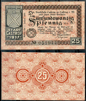 Германия, Кастроп 25 пфеннигов 1917 нотгельд, 15.5.1917, широкие цифры Tieste 1105/10 бумага UNC (пресс) 8614-44-3-2