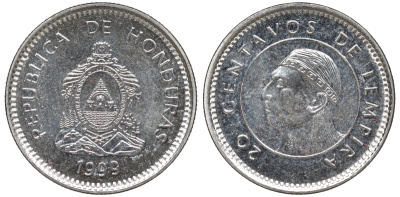 Гондурас 20 сентаво 1999 бюст касика Лемпира KM 83.2a сталь плакированная никелем UNC 4516-224