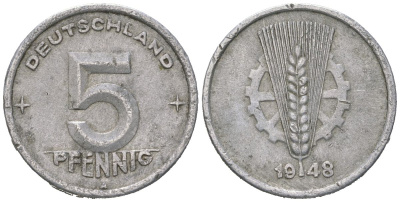 ГДР 5 пфеннигов 1948 A KM 2 алюминий 4147-154