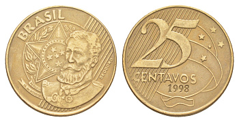 Бразилия 25 сентаво 1998 KM 650 сталь плакированная латунью 4642-1115
