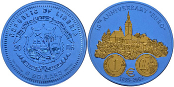 Либерия 5 долларов 2005 10 лет евро, страны не присоединившиеся к еврозоне, Словения, монеты с сертификатом, би-колор (два цвета), вес 7,78 гр., диаметр 35 мм.  ниобий  UNC  1066-3-63