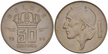 БЕЛЬГИЯ 50 САНТИМОВ 1954 BELGIE KM 145 бронза 3996-1235
