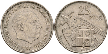 Испания 25 песет 1957 (64) Франсиско Франко (1939-1975) KM 787 медно-никель 4149-1025