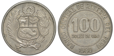 Перу 100 солей 1980 KM 283 медно-никель 4367-632