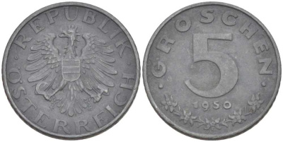 АВСТРИЯ 5 ГРОШЕЙ 1950 ПОСЛЕВОЕННАЯ ДЕСЯТИЧНАЯ ЧЕКАНКА KM 2875 цинк 201-217
