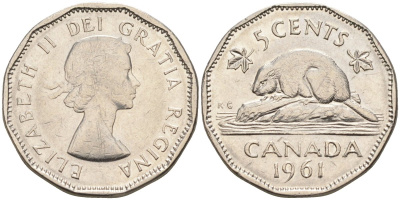 Канада 5 центов 1961 Елизавета II (1952-), бобр KM 50а никель 4591-213