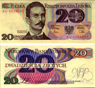 Польша 20 злотых 1982 Ромуальд Траугутт, в серии 2 буквы Pick 149 a (2) бумага аUNC 7487-27-3-2