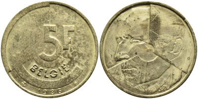 БЕЛЬГИЯ 5 ФРАНКОВ 1986 BELGIE KM 164 латунь или алюминевая бронза 4110-1545