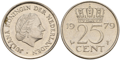 Нидерланды 25 центов 1979 Юлиана (1949-1980) KM 183 никель    4598-129