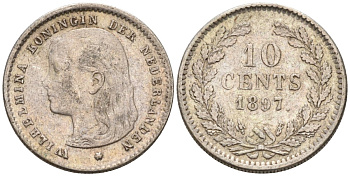 Нидерланды 10 центов 1897 Вильгельмина (1890-1948), редкая KM 116 серебро 1528-415