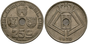 Бельгия 25 сантимов 1939 Belgique - Belgie KM 114 никель латунь 4382-145