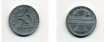 ГЕРМАНИЯ 50 ПФЕННИГОВ 1921 A KM 27, J. 301 алюминий 35-1226