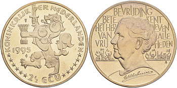 НИДЕРЛАНДЫ 2 1/2 ЭКЮ 1995 ВИЛЬГЕЛЬМИНА медно-никель UNC 1524-1342