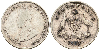 Австралия 3 пенса 1927 m, Георг V (1910-1936), герб Австралии KM 24 серебро 4564-116