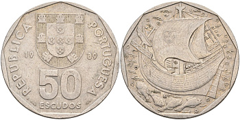 Португалия 50 эскудо 1989 парусник KM 636 медно-никель 4572-1131