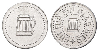 Германия жетон в 1 "стакан пива" ND диаметр 24 мм, вес 1,1 гр алюминий UNC 4638-824