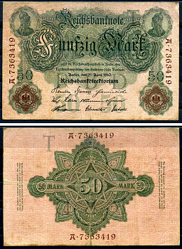 Германия 50 марок 1910 Pick 41 бумага 7191-21-3-2