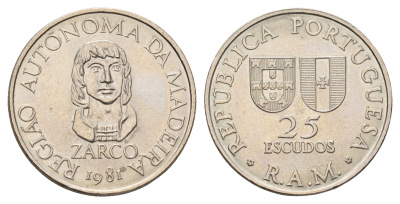 Португалия, Мадейра 25 эскудо 1981 Жуан Гонсалвиш Зарку KM 4 медно-никель UNC 4678-1047
