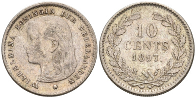 Нидерланды 10 центов 1897 Вильгельмина (1890-1948), редкая KM 116 серебро 1528-415
