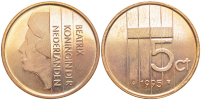 НИДЕРЛАНДЫ 5 ЦЕНТОВ 1995 БЕАТРИКС KM 202 бронза UNC 3856-626