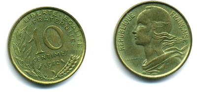 ФРАНЦИЯ 10 САНТИМОВ 1972 ТИП MARIANNE КМ 929 медь алюминий никель 3999-653