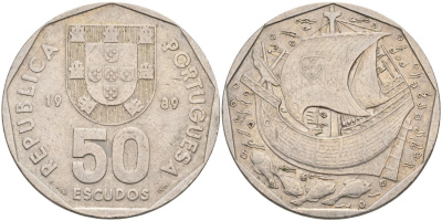 Португалия 50 эскудо 1989 парусник KM 636 медно-никель 4572-1131