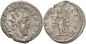 Римская Империя (императоры в Галлии) антониниан 260 - 269 Постум. IMP C POSTVMVS P F AVG / FIDES MILITVM, Фидея, персонификация Верности, с боевыми штандартами, Колония Агриппины, Very fine RIC 59 биллон 1073-12-53