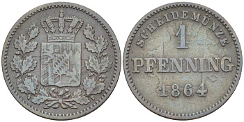 Бавария 1 пфенниг 1864 Максимилиан II (1848-1864) КМ 471 медь 201-261