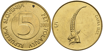 Словения 5 толаров 2000 ибекс, альпийский горный козёл KM 6 латунь 4556-1244
