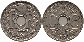 ФРАНЦИЯ 10 САНТИМОВ 1937 ТИП ЛИНДАЙЁ KM 866а, LE FRANC 138.24 медно-никель 108-232
