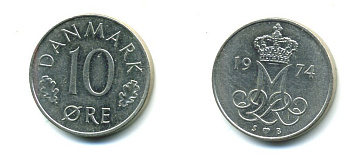 ДАНИЯ 10 ЭРЕ 1974 S; B, МАРГРЕТЕ II (1972-) KM 860.1 медно-никель 71-1548