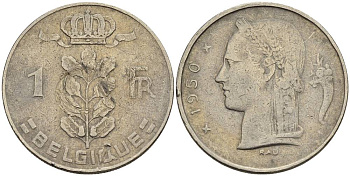 БЕЛЬГИЯ 1 ФРАНК 1950 BELGIQUE KM 142.1 медно-никель 4546-434