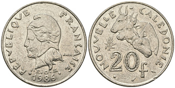 Французская Новая Каледония 20 франков 1986 три быка, (IEOM) KM 12, Schoen 14, Lec 112 никель 71-1445