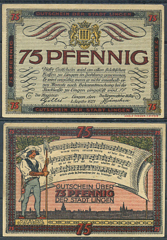 Линген 75 пфеннигов 1921 Grabowski 803.3 бумага aUNC 6285-38-2-1