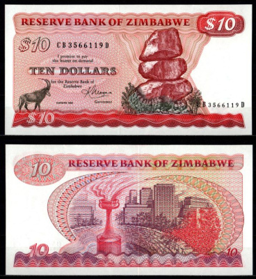 Зимбабве 10 долларов 1983 Pick 3 d 7215-4-1-1 бумага UNC (пресс) 7214-2-3-2