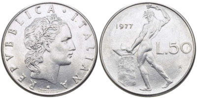 ИТАЛИЯ 50 ЛИР 1977 R, БОГ ОГНЯ ВУЛКАН У НАКОВАЛЬНИ KM 95.1 нержавеющая сталь 34-655