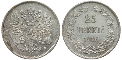 Россия для Финляндии 25 пенни 1916 S, Николай II (1894-1917) KM 6.2, Биткин 421 серебро 75-1262