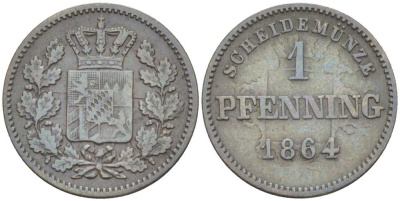 Бавария 1 пфенниг 1864 Максимилиан II (1848-1864) КМ 471 медь 201-261