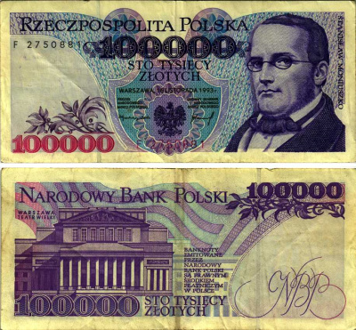 ПОЛЬША 100000 ЗЛОТЫХ 1993 16 НОЯБРЯ 1993, СТАНИСЛАВ МОНЮШКО, ЗДАНИЕ ВАРШАВСКОГО ТЕАТРА Pick 160а бумага VF 6352-29-2-2
