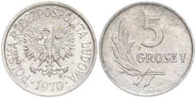 Польша 5 грошей 1970 MW  KM A46, Parchimowicz 204j алюминий 192-159