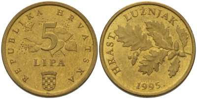 Хорватия 5 лип 1995 дуб, легенда на хорватском KM 5 сталь плакированная латунью 66-521