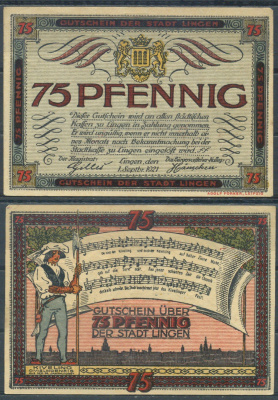Линген 75 пфеннигов 1921 Grabowski 803.3 бумага aUNC 6285-38-2-1
