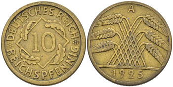 ГЕРМАНИЯ 10 РЕЙХСПФЕННИГОВ 1925 A KM 40, J. 317, Weege 9 алюминиевая бронза 210-342