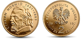 Польша 2 злотых 2013 MW, Циприан Камиль Норвид KM 856 нордик UNC 4676-947