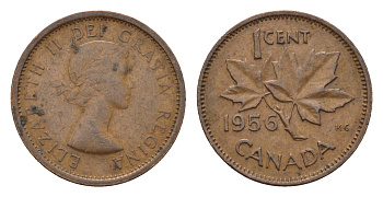 Канада 1 цент 1956 Елизавета II (1952-2022), кленовый лист KM 49 бронза 4611-466