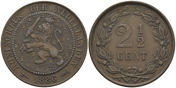Нидерланды 2 1/2 цента 1886 Виллем III (1849-1890) KM 109 бронза 4175-737