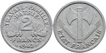 Франция 2 франка 1943 правительство Виши KM 904.1 алюминий 4397-726